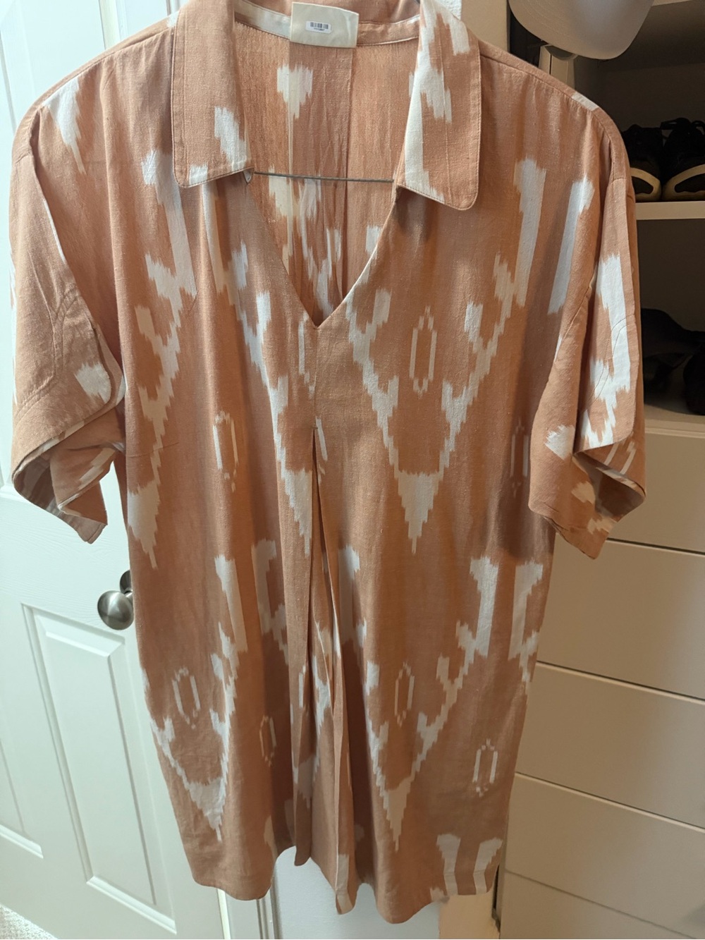 Women's Mini Dress in Tan and White Ikat Print